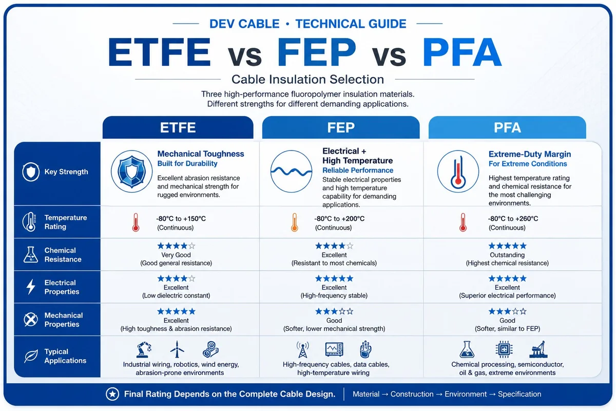 Vergleich von ETFE, FEP und PFA als Kabelisolierung