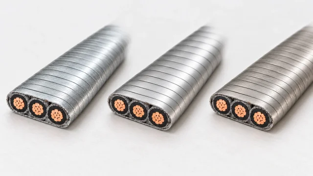Comparación fotorrealista generada con IA de tres muestras representativas de cable ESP plano, con cobre cableado y armadura de cinta traslapada; los materiales se identifican debajo en HTML.