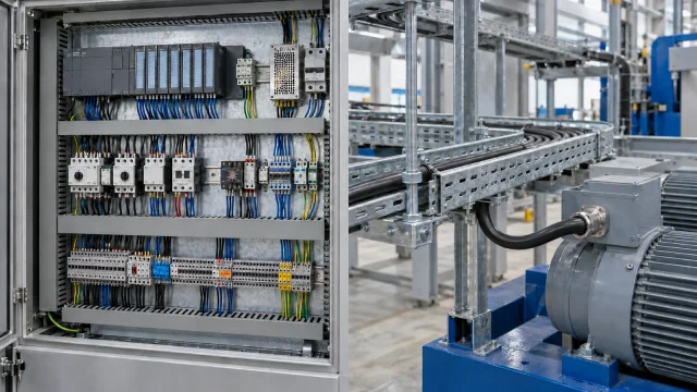 Comparación industrial generada por IA: cuadro de control abierto junto a una bandeja de cables y conexión de motor.